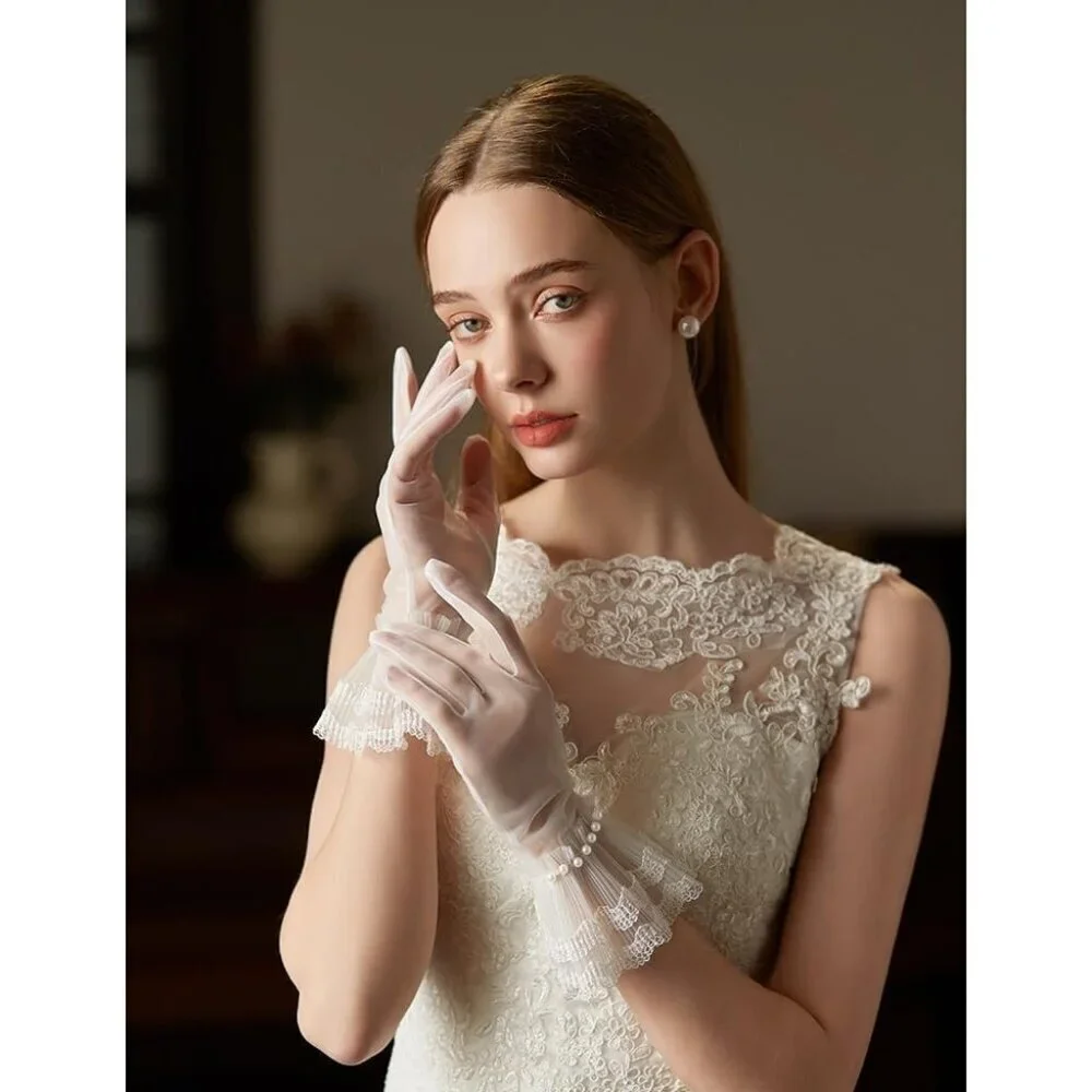 Women's Lvory-3 Short Pearls Lace Border Mesh Gloves Wedding Formal Party Prom